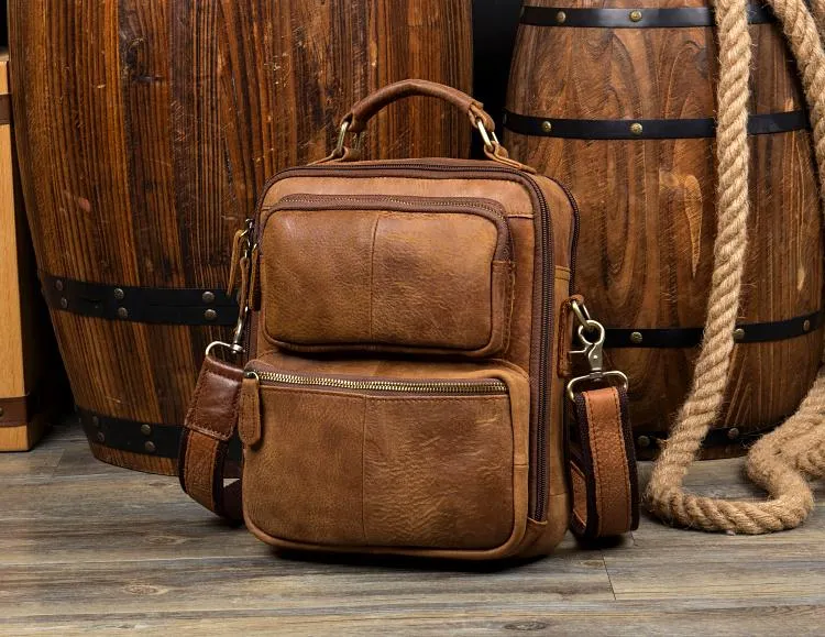 Brown Casual Leather 10 inches Vertical Side Bags Messenger Bag Courier Bag for Men