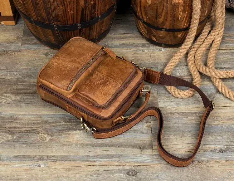 Brown Casual Leather 10 inches Vertical Side Bags Messenger Bag Courier Bag for Men