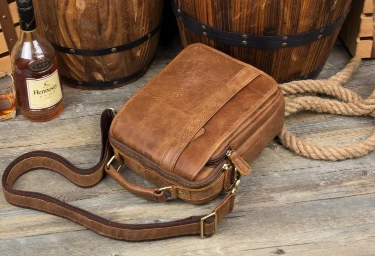 Casual Brown  Leather 10 inches Small Vertical Messenger Bag Crossbody Side Bag for Men