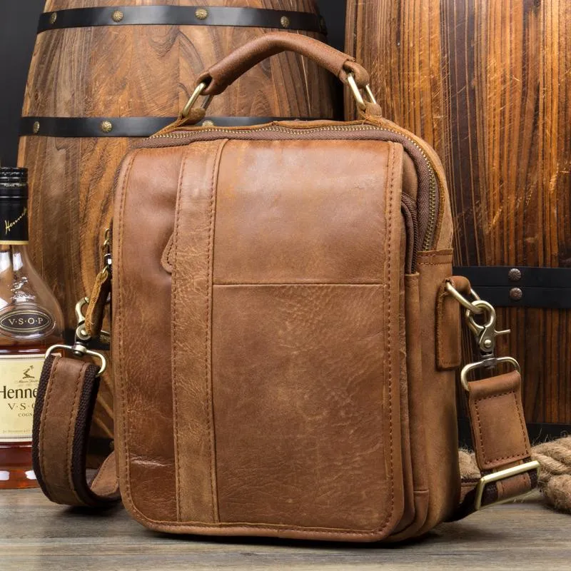 Casual Brown  Leather 10 inches Small Vertical Messenger Bag Crossbody Side Bag for Men