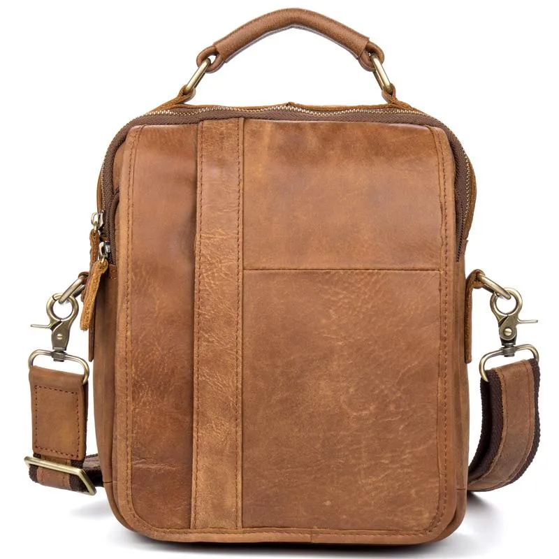 Casual Brown  Leather 10 inches Small Vertical Messenger Bag Crossbody Side Bag for Men