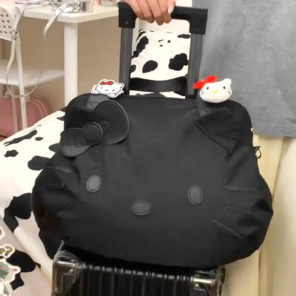 Hellokitty Black Large Travel Tote Bag Waterproof Expandable Duffel Gym Tote Bag