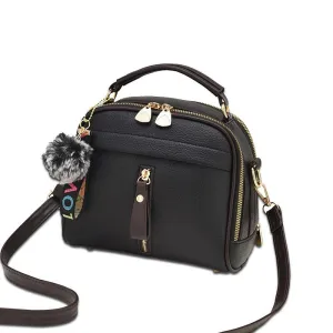 Leather Women Messenger Bag With Ball Toy Keychain
