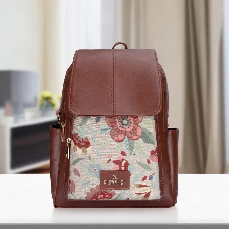 THE CLOWNFISH Medium Size Minerva Faux Leather & Tapestry Women's Standard Backpack College School Bag Casual Travel Standard Backpack For Ladies Girls (Skyblue- Floral), 10 Litre