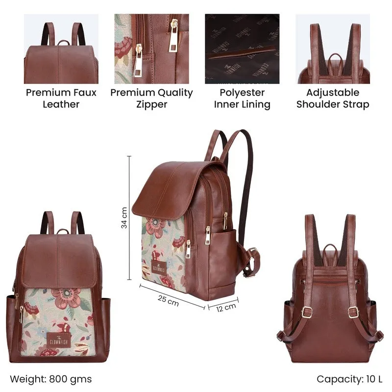 THE CLOWNFISH Medium Size Minerva Faux Leather & Tapestry Women's Standard Backpack College School Bag Casual Travel Standard Backpack For Ladies Girls (Skyblue- Floral), 10 Litre