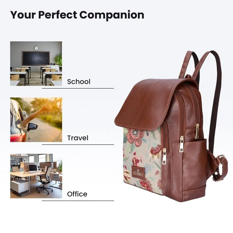 THE CLOWNFISH Medium Size Minerva Faux Leather & Tapestry Women's Standard Backpack College School Bag Casual Travel Standard Backpack For Ladies Girls (Skyblue- Floral), 10 Litre