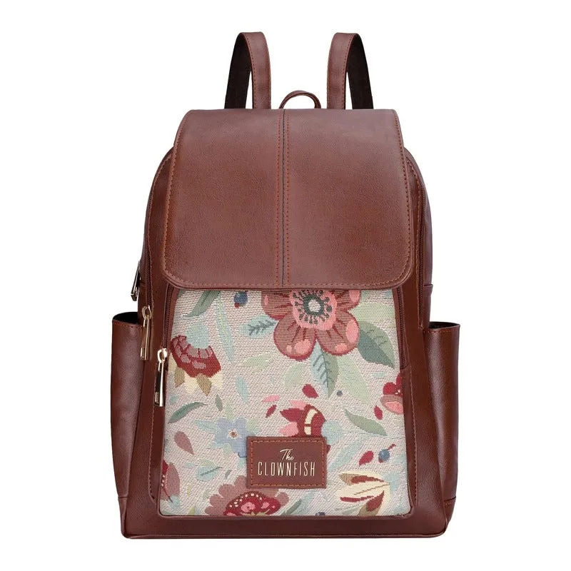 THE CLOWNFISH Medium Size Minerva Faux Leather & Tapestry Women's Standard Backpack College School Bag Casual Travel Standard Backpack For Ladies Girls (Skyblue- Floral), 10 Litre