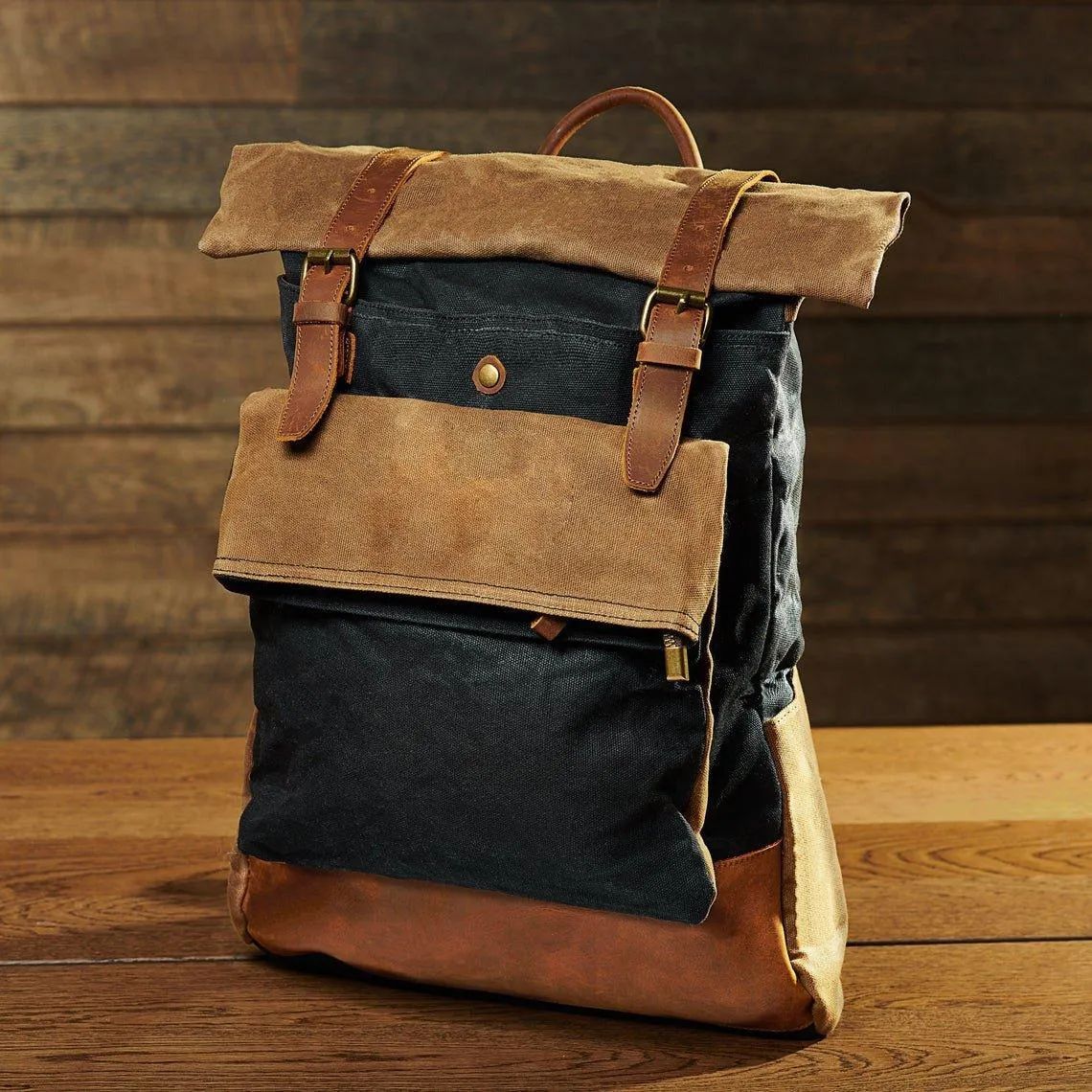 Vintage Waxed Canvas Backpack Roll Top Travel